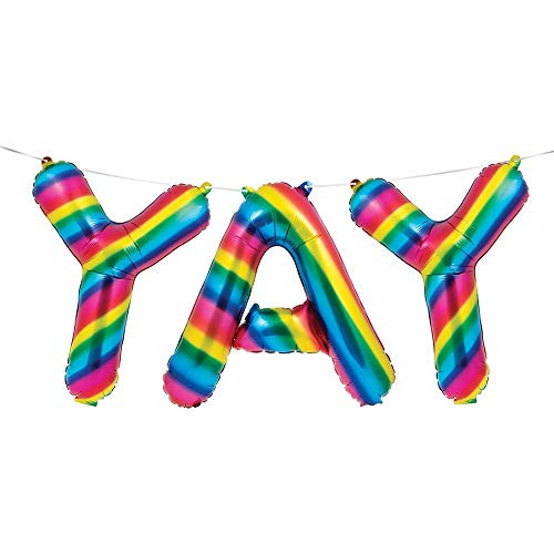 Creative Converting 331786 BALLOON BANNER, YAY, RAINBOW FOIL, 16in x 5ft, Multicolor