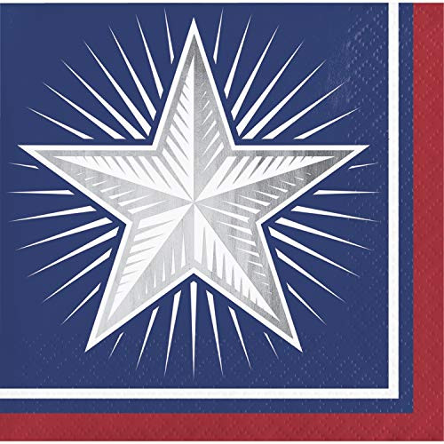 Creative Converting 335444 Shining Flag 4th of July Beverage Napkins, 5", Red,White and Blue