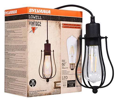 SYLVANIA General Lighting 60114 Sylvania 60113 LowellCage Pendant Light, LED, Dimmable Bulb Included Vintage Fixture, Antique Black