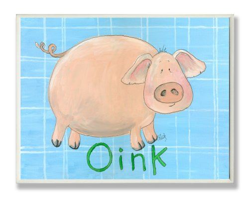 The Kids Room by Stupell Oink Pig on Blue Plaid Background Rectangle Wall Plaque