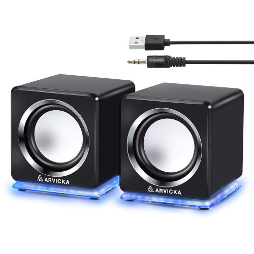 ARVICKA Blue LED USB Speakers- Wired Laptop Speakers 2.0 Channel Small Computer Desktop Speakers for PC, Echo Dot, Updated Version, Black