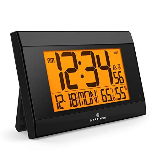 Marathon CL030052BK Atomic Wall Clock with Auto Back Light Feature, Calendar, Temperature, Humidity and Big 2 ½ Inch Digits. Large Capacity C Cell Batteries Included. Color-Black.