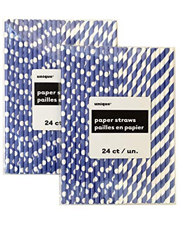 Set of 48 Blue and White Polka Dot & Striped Paper Drinking Straws Disposable Biodegradable Straws 8 (Blue & White)