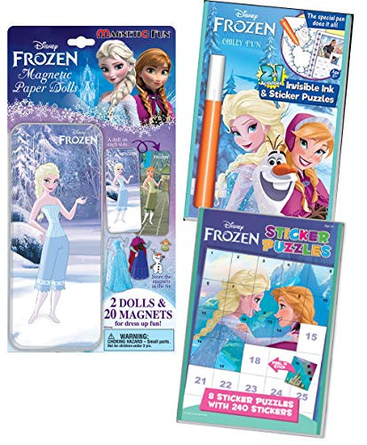Lee Publications Disney Frozen Mess Free Activity 3 Pack: Magnetic Paper Doll Dress Up, Sticker Puzzler Pack, and Invisible Ink Coloring Book