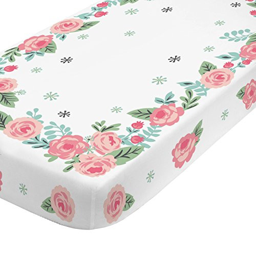 NoJo Aztec Mix & Match 100% Cotton Roses Photo Op Crib Sheet, Pink, Green, Aqua, White
