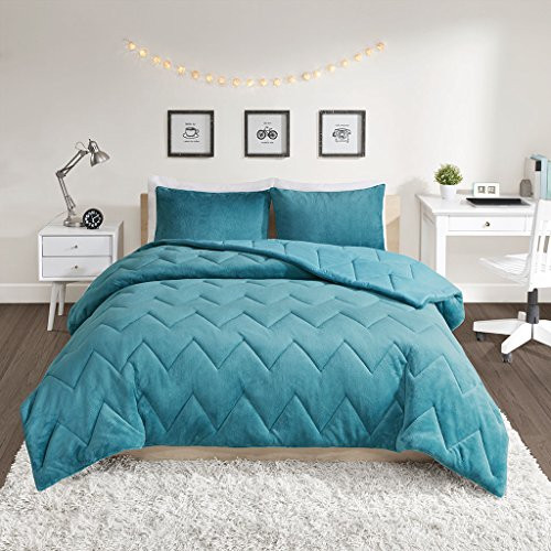 Intelligent Design Kai Solid Chevron Quilted Reversible Ultra Soft Microfiber To Cozy Plush Zipper Closure Comforter Set Bedding, Full/Queen Size, Teal 3 Piece