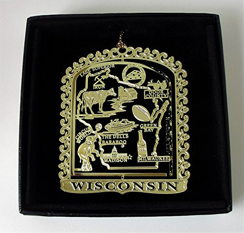 Wisconsin State Brass Ornament Black Leatherette Gift Box Wisconsin State Brass Ornament Black Leatherette Gift Box