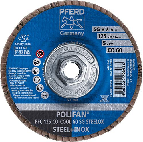 PFERD Polifan SGP CO-COOL Abrasive Flap Disc, Type 29, Threaded Hole, Phenolic Resin Backing, Aluminum Oxide, 5" Dia., 60 Grit (Pack of 1)