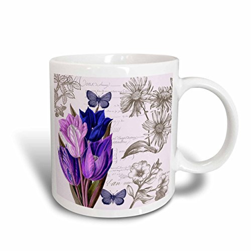 3dRose Purple Tulips Vintage Floral Ceramic Mug, 15 oz, White