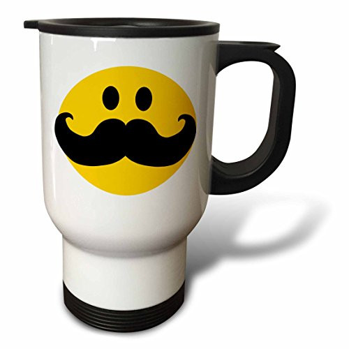 3dRose"Yellow Smiley Face with Big Black Mustache Funny Moustache Fun Hipster Fancy Gentleman Cartoon" Travel Mug, 14 oz, Multicolor