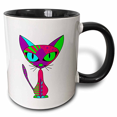 3dRose 24721_4 Cattitude 1 Cute Colorful Cat Pink Purple Green Blue-Two Tone Black Mug 11 oz Multicolored