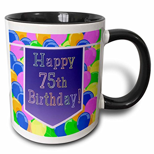3dRose 174847_4 Balloons With Purple Banner Happy 75Th Birthday Two Tone Mug, 11 oz, Black