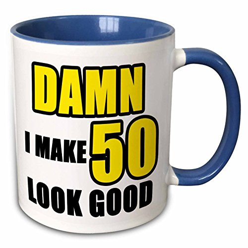 3dRose 223736_6 Damn I Make 50 Look Good Yellow Mug 11 oz Blue