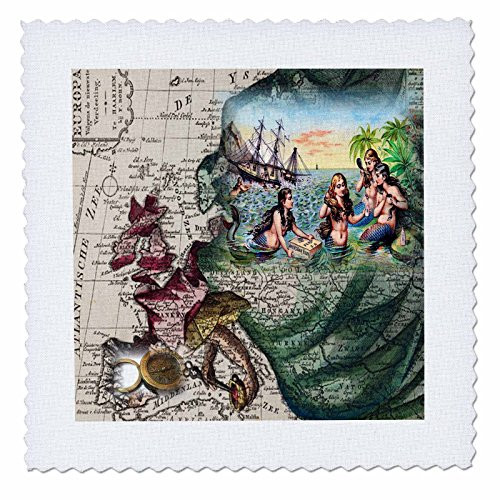 3dRose Print of Vintage European Atlantic With Mermaids - Quilt Square, 14 by 14-inch (qs_204903_5)