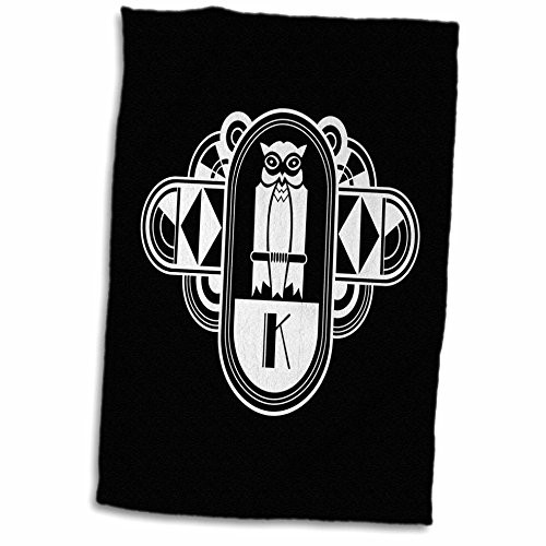 3D Rose White On Black Art Deco Owl Monogram Letter K Hand Towel 15" x 22" Multicolor