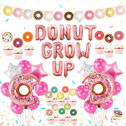 Donut Birthday Party Supplies Kit  Donut Grow Up Party Decorations, Donut Grow Up, Star and Donut Foil Balloon, Latex Balloon, Donut Cake Topper and Donut Garland Banner for Girls Boys Birthday Party