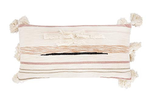 Creative Co-op Cream Cotton Kilim Lumber Brown, Pink & Black Stripes & Tassels Pillows, Pink