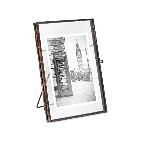 Isaac Jacobs 4x6, Antique Bronze, Vintage Style Brass and Glass, Metal Floating Desk Photo Frame (Vertical), with Locket Closure for Pictures, Art, More