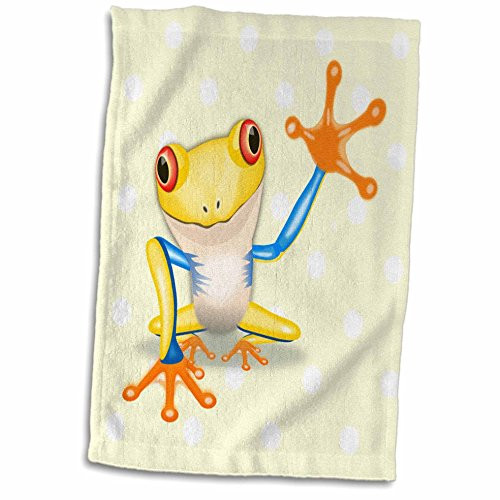 3D Rose Image of Large Orange Frog On Yellow Dots Hand Towel, 15" x 22"