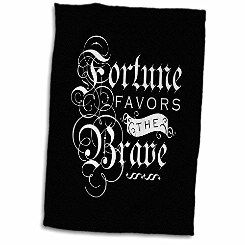 3D Rose White On Black Gothic Script-Fortune Favors The Brave Hand Towel 15" x 22" Multicolor