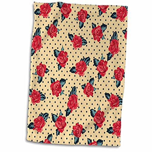 3D Rose Boho Chic Roses On Black and Pale Yellow Polka Dots Background Trendy Girly Pattern Hand/Sports Towel 15 x 22