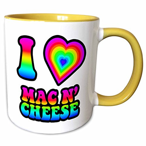 3dRose 217455_8 Groovy Hippie Rainbow I Heart Love Mac And Cheese, Yellow Mug 11 oz