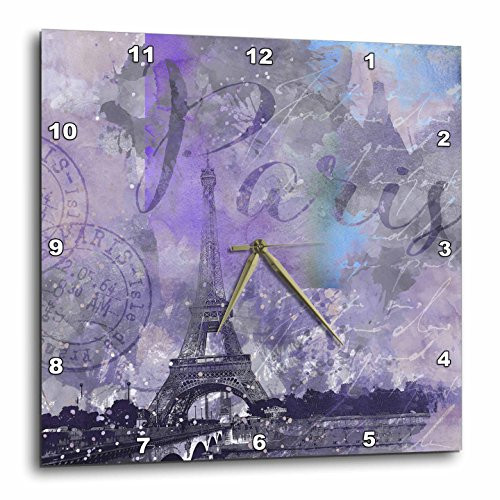 3dRose Paris Watercolor Illustration Purple Wall Clock, 15 x 15,