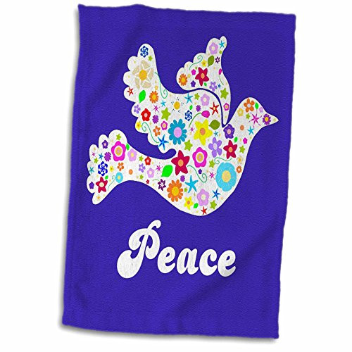 3dRose Floral White Dove of Peace Flying on Midnight Blue Flower Power Hippie Modern Girly Towel 15 x 22
