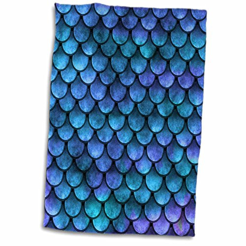 3dRose Blue Watercolor Mermaid Scale Pattern Towels 15 x 22 White