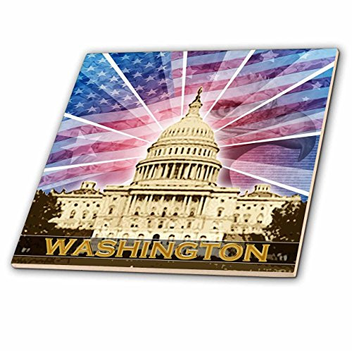 3dRose ct_19413_1 Washington DC Patriotic American Flag with Bald Eagle and Capitol Building Ceramic Tile, 4-Inch