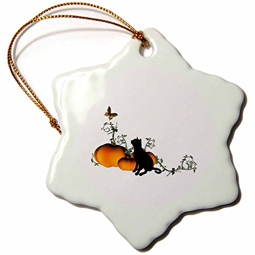 3dRose LLC Black Cat with Pumpkins and Butterfly 3-Inch Snowflake Porcelain Ornament