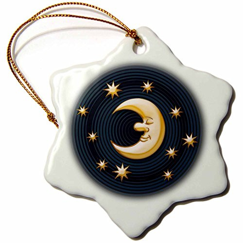 3dRose orn_24306_1 Moon with Stars Around on Black Background Porcelain Snowflake Ornament, 3-Inch