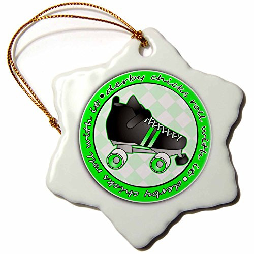 3dRose orn_28516_1 Derby Chicks Roll with it Green and Black with Black Roller Skate Snowflake Decorative Hanging Ornament, Porcelain, 3-Inch