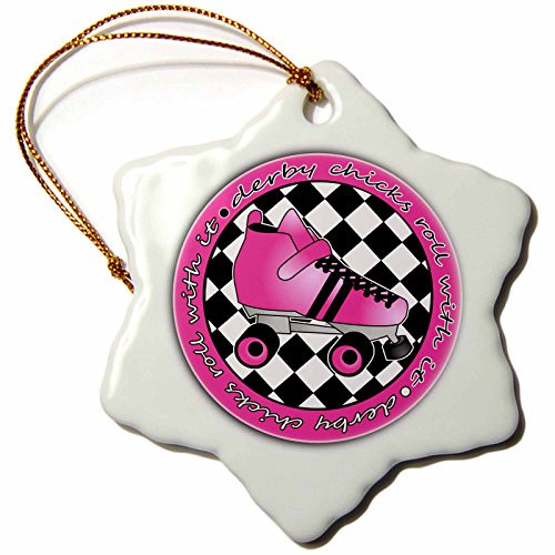 3dRose orn_28519_1 Derby Chicks Roll with it Hot Pink Roller Skate and Black Porcelain Snowflake Ornament, 3-Inch