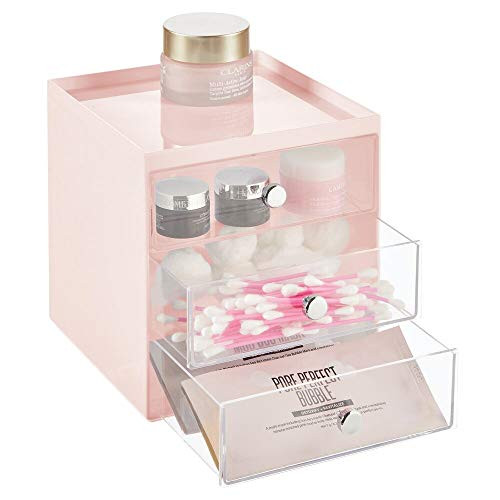 mDesign Plastic Makeup Organizer Storage Station Cube with 3 Drawers for Bathroom Vanity, Cabinet, Countertops - Holds Lip Gloss, Eye Shadow Palettes, Brushes, Blush, Mascara - Light Pink/Clear