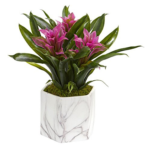 Nearly Natural 8139-PP Bromeliad Artificial Marble Finished Vase Silk Plants, Purple