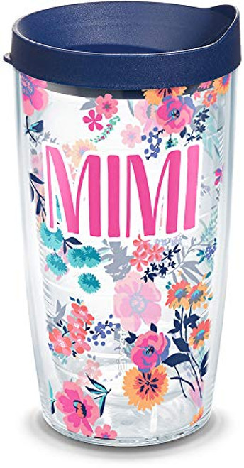 Tervis 1314920 Mimi Dainty Floral Insulated Travel Tumbler with Wrap and Navy Blue Lid, 16 oz - Tritan, Clear