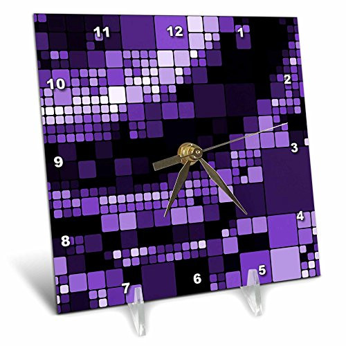 3dRose dc_125012_1 Dark and Light Purple Large and Small Digital Squares Pattern Desk Clock, 6 by 6-Inch