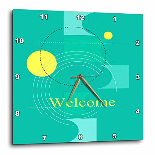 3dRose DPP_49185_2 Circle and Square Design, Green and Yellow, Welcome Wall Clock, 13 by 13-Inch