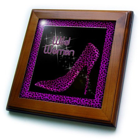 3dRose Doreen Erhardt Purple Cheetah Print Wild Woman Stiletto Pump and Bling Framed Tile, 8 by 8-Inch