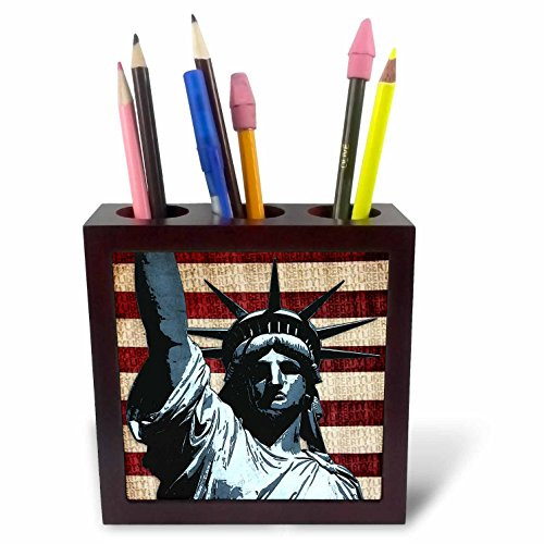 3dRose ph_21925_1 Liberty Flag patriotic Statue of Liberty with American flag and liberty text Tile Pen Holder, 5-Inch