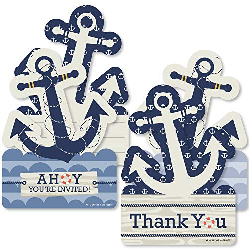 Ahoy - Nautical - 20 Shaped Fill-In Invitations and 20 Shaped Thank You Cards Kit - Baby Shower or Birthday Party Stationery Kit - 40 Pack