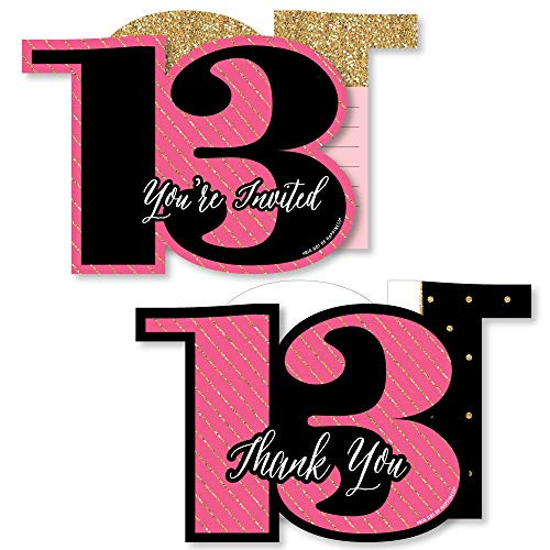 Chic 13th Birthday - Pink, Black and Gold - 20 Shaped Fill-In Invitations and 20 Shaped Thank You Cards Kit - Birthday Party Stationery Kit - 40 Pack