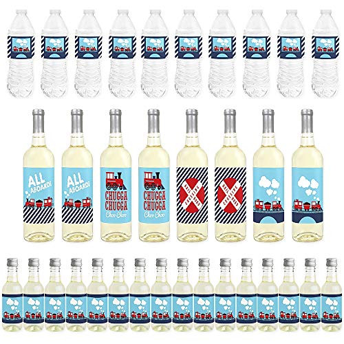 Big Dot of Happiness Railroad Party Crossing - Mini Wine Bottle Labels, Wine Bottle Labels and Water Bottle Labels - Steam Train Birthday Party or Baby Shower Decor - Beverage Bar Kit - 34 Pieces