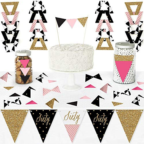 Big Dot of Happiness Chic 60th Birthday - Pink, Black and Gold - Diy Pennant Banner Decorations - Birthday Party Triangle Kit - 99 Pieces