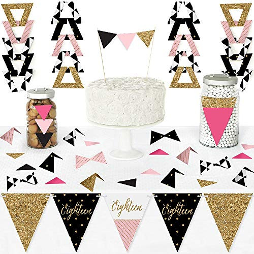 Big Dot of Happiness Chic 18th Birthday - Pink, Black and Gold - Diy Pennant Banner Decorations - Birthday Party Triangle Kit - 99 Pieces