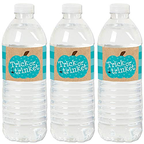 Big Dot of Happiness Teal Pumpkin - Halloween Allergy Friendly Trick or Trinket Water Bottle Sticker Labels - Set of 20