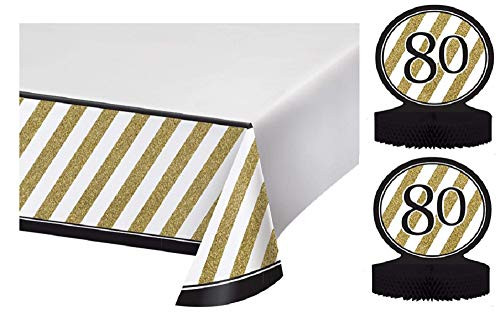 Black and Gold Happy 80th Birthday Table Décor Bundle | Includes Plastic Tablecover and Two Centerpieces