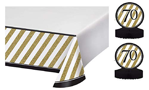 Black and Gold Happy 70th Birthday Table Décor Bundle | Includes Plastic Tablecover and Two Centerpieces