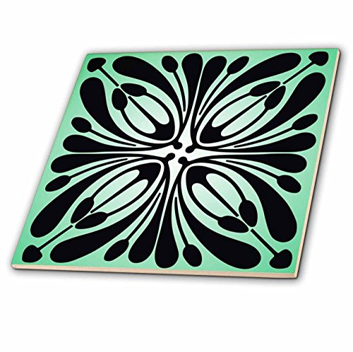 3dRose ct_41715_1 Aqua N Black Art Deco Pattern-Ceramic Tile, 4-Inch